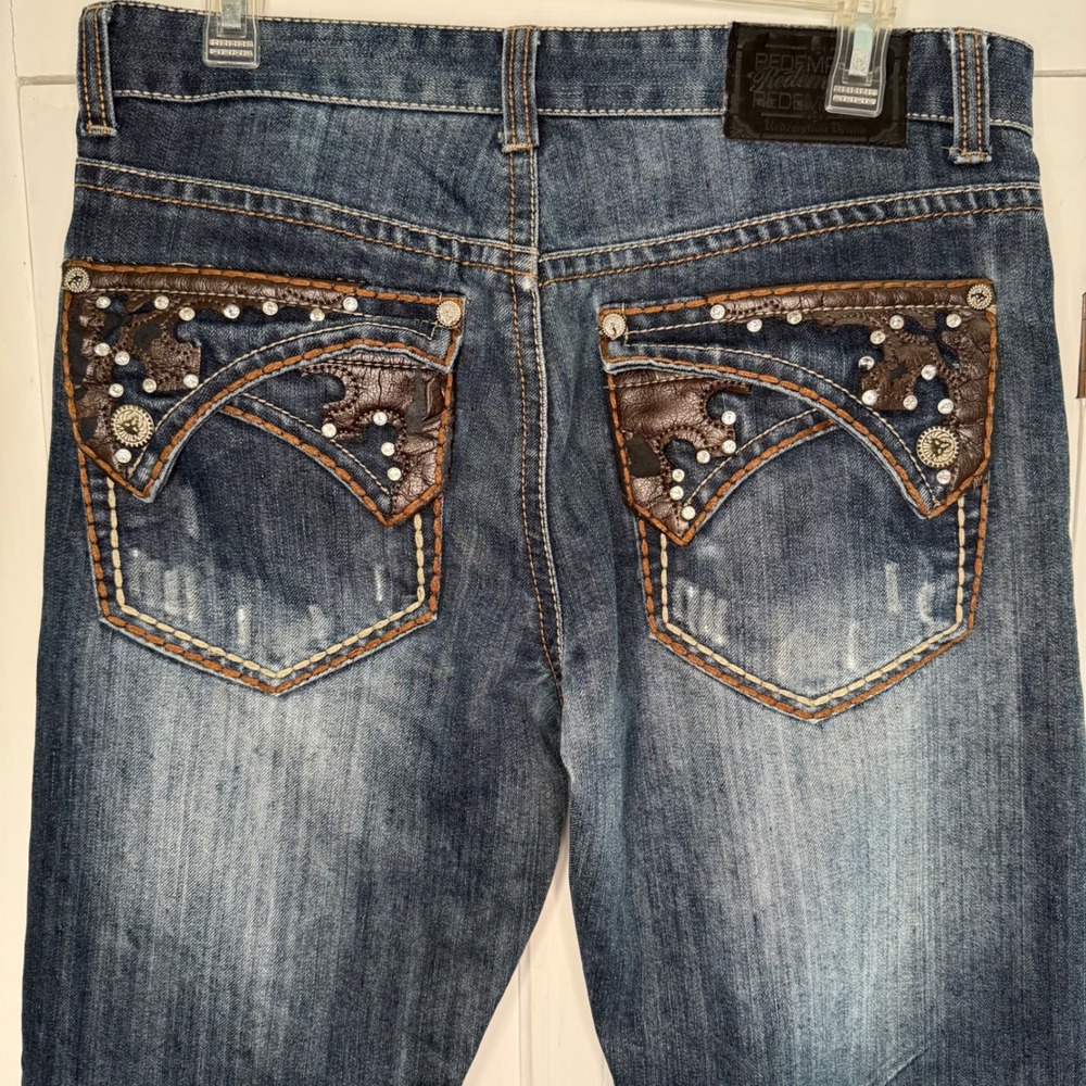 VTG Redemption Denim Jeans Mens 34x30 Embellished Pockets Distressed Dark Wash